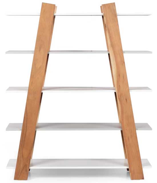 Dual Ladder Bookshelf with Wood Beams and White Shelves