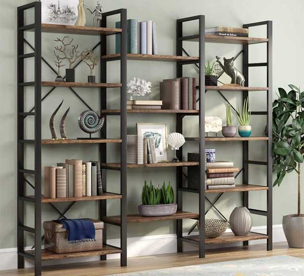 Triple Wide Industrial Ladder Bookcase with 14 Vintage Style Shelves
