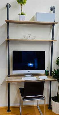 Industrial Ladder Desk with Steel Pipes and Weathered Wood Desktop and Shelves