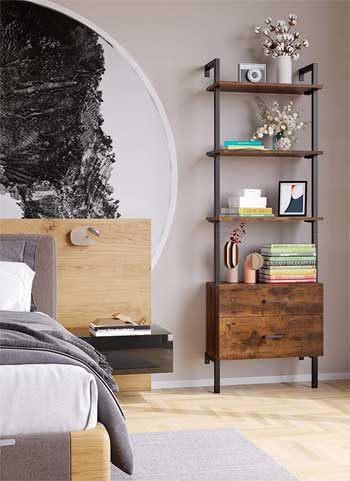 Tall Ladder Shelf with Drawers Used as Nightstands