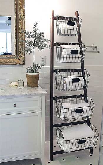 Ladder with Baskets in Bathroom for Extra Storage
