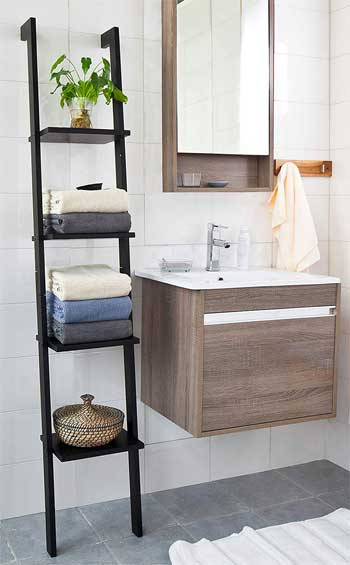 Narrow Modern Leaning Bathroom Ladder Shelf Fits in Small Spaces