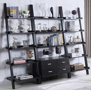 Wall-Length Leaning Bookcase with Shelves and Drawers