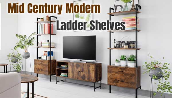 Mid Century Modern Ladder Shelf Set in Living Room